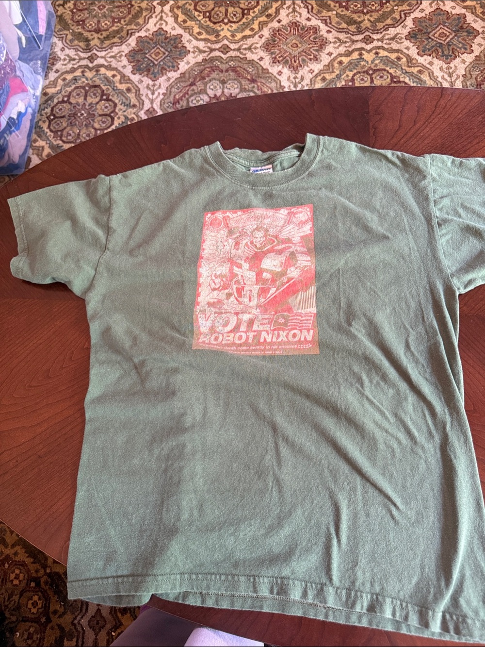 Gildan Olive Green Short-Sleeve Tee with Red 'Vote Robot Nixon' Graphic